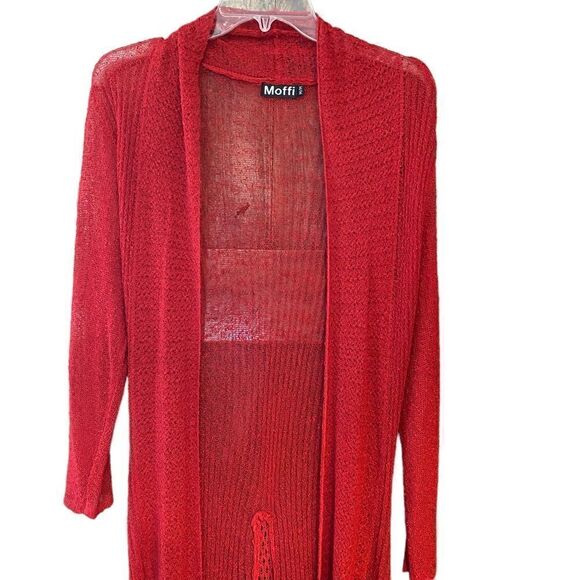Moffi Sz M Red Stretch Knit Draped Hem Open Long Sleeve Maxi Boho Cardigan - Picture 3 of 9